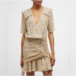 Veronica Beard 4 Blue Yellow Paisley Ruched‎ Ruffle V-Neck Drawstring Mini Dress
